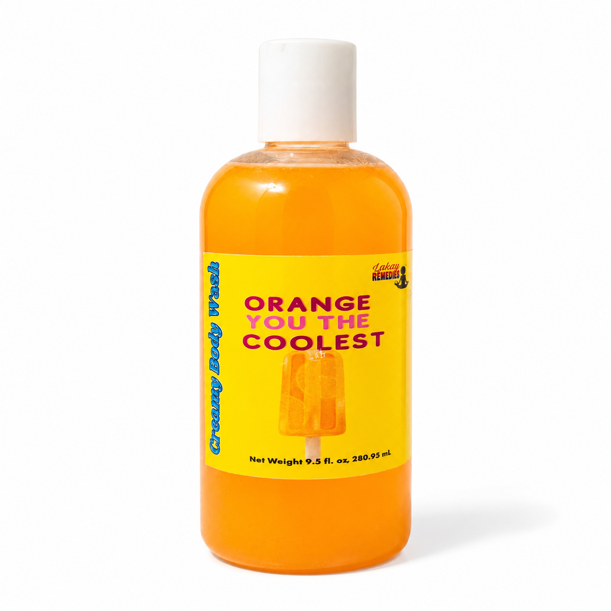A bottle of orange body wash with a white cap and a bright yellow label that reads 'ORANGE YOU THE COOLEST' and 'Creamy Body Wash.' The bottle is centered on a white background.
