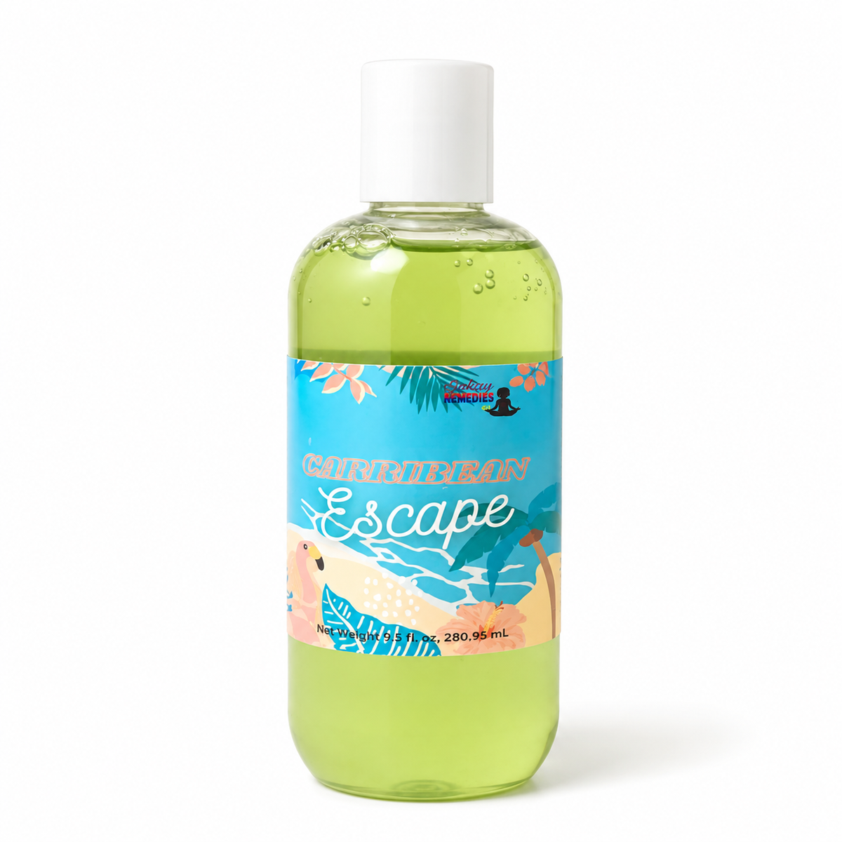 A clear plastic bottle filled with light green liquid, featuring a white cap and a colorful tropical beach-themed label that reads 'Caribbean Escape'.