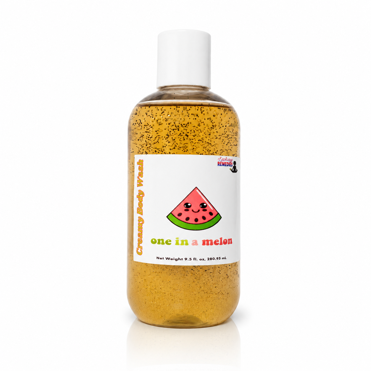 A bottle of 'one in a melon' creamy body wash with a white cap and a white label featuring a watermelon graphic, filled with sparkling golden-yellow liquid, on a white background.