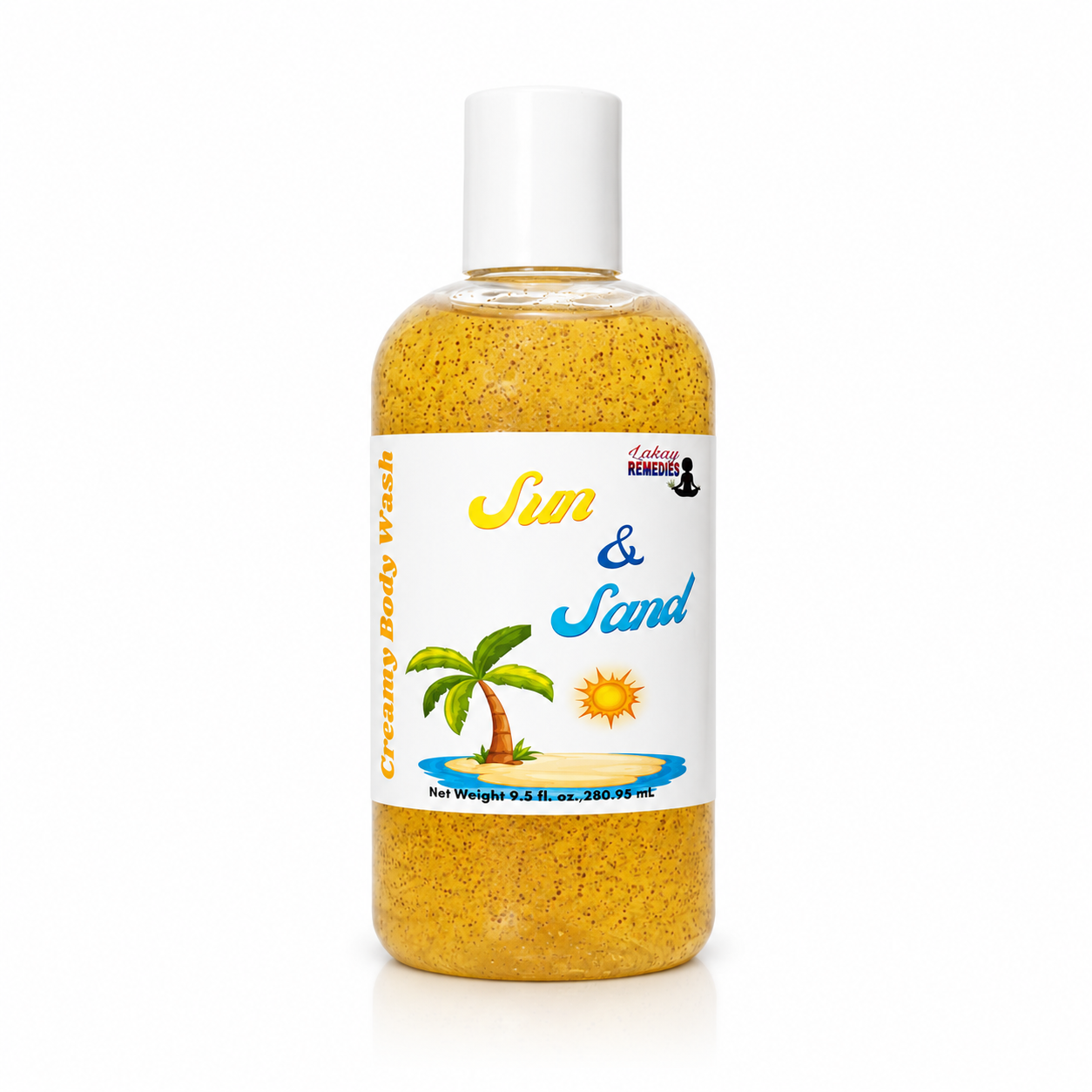 A bottle of 'Sun & Sand' creamy body wash by Lakay Remedies, filled with a golden-yellow granular scrub and topped with a white cap, set against a plain white background.