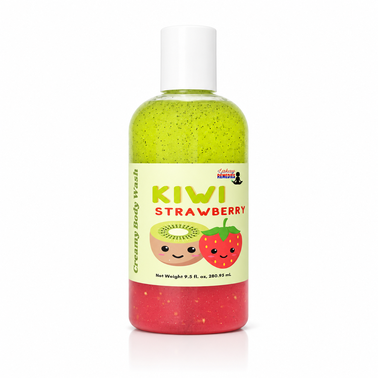 A bottle of Kiwi Strawberry Creaming Body Wash in Kiwi Strawberry scent, featuring a two-tone green and red glittery liquid inside a clear bottle with a white cap and a colorful label.