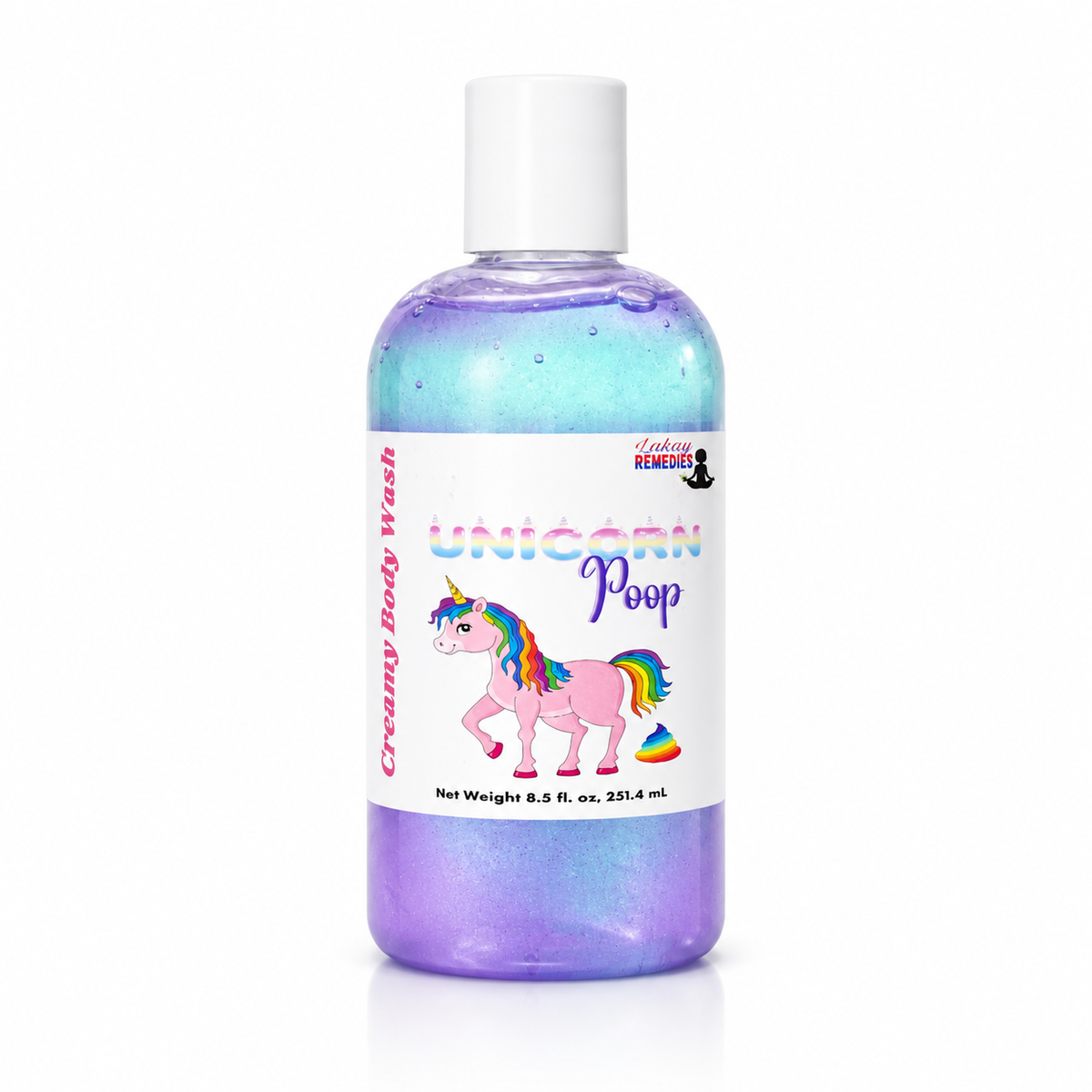 A bottle of 'Unicorn Poop' creamy body wash by Her Beauty Factory, featuring a white cap and a white label with a colorful pink unicorn illustration and rainbow accents, set against a plain white background.