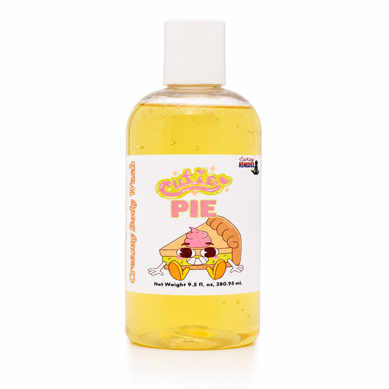 A bottle of Cutie Pie Bidy Wash, featuring a clear plastic bottle filled with yellow liquid and a white cap, set against a plain white background.
