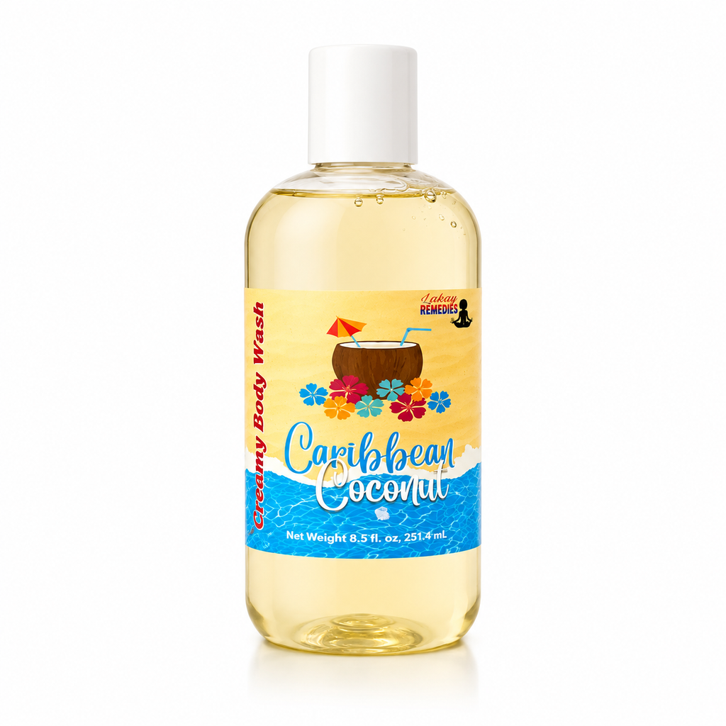 A bottle of Caribbean Coconut Creamy Body Wash. The product is a clear plastic bottle filled with a pale yellow liquid, featuring a white cap and a colorful tropical-themed label with a coconut drink illustration.