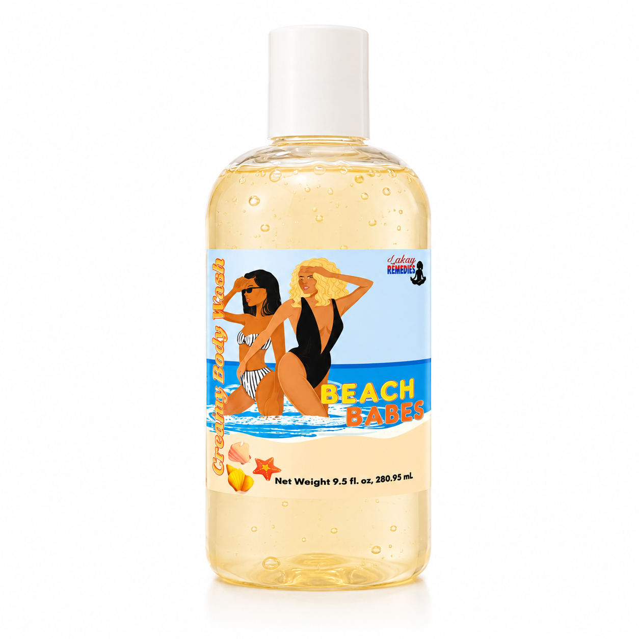 A clear plastic bottle of Beach Babes body wash with a white cap, filled with a pale yellow liquid. The label features a colorful illustration of two women on a beach with the text 'BEACH BABES'.