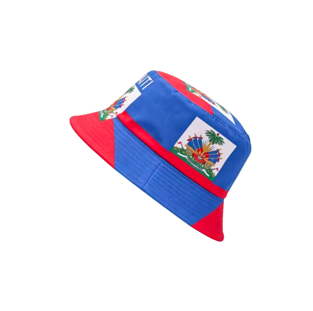 Colorful bucket hat with a Haiti Flag design on a white background