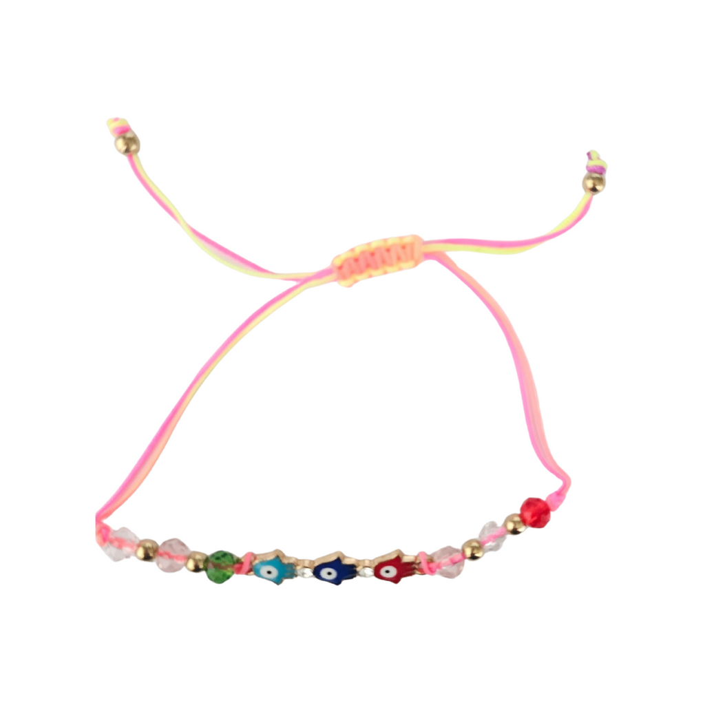 Evil Eye Bracelet with colorful beads on a white background