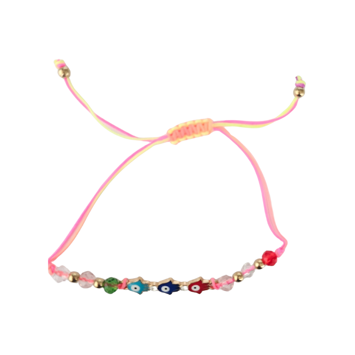 Evil Eye Bracelet with colorful beads on a white background