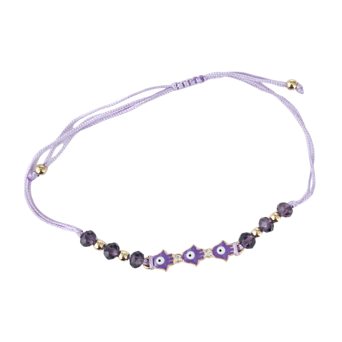 Purple beaded bracelet with gold accents on a white background