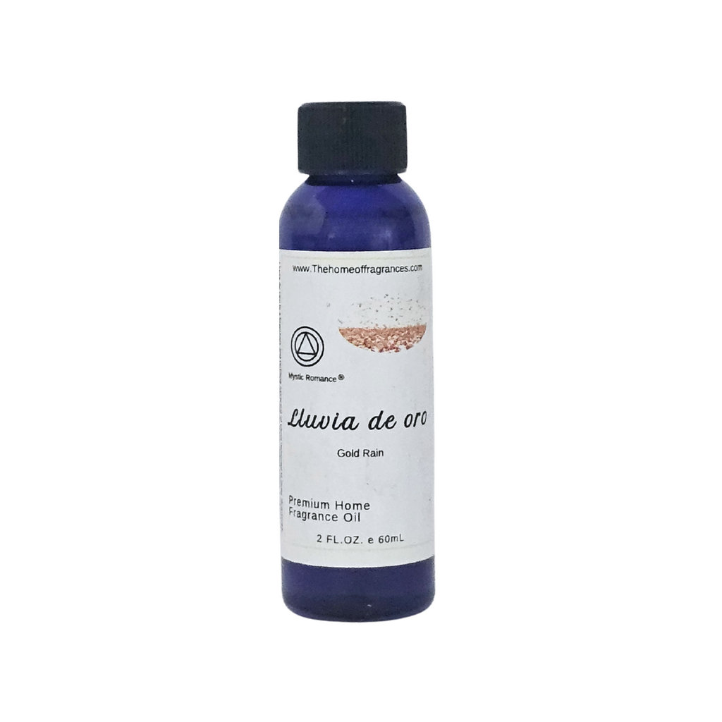 Bottle of 'lluvia de oro' premium home fragrance oil on a white background