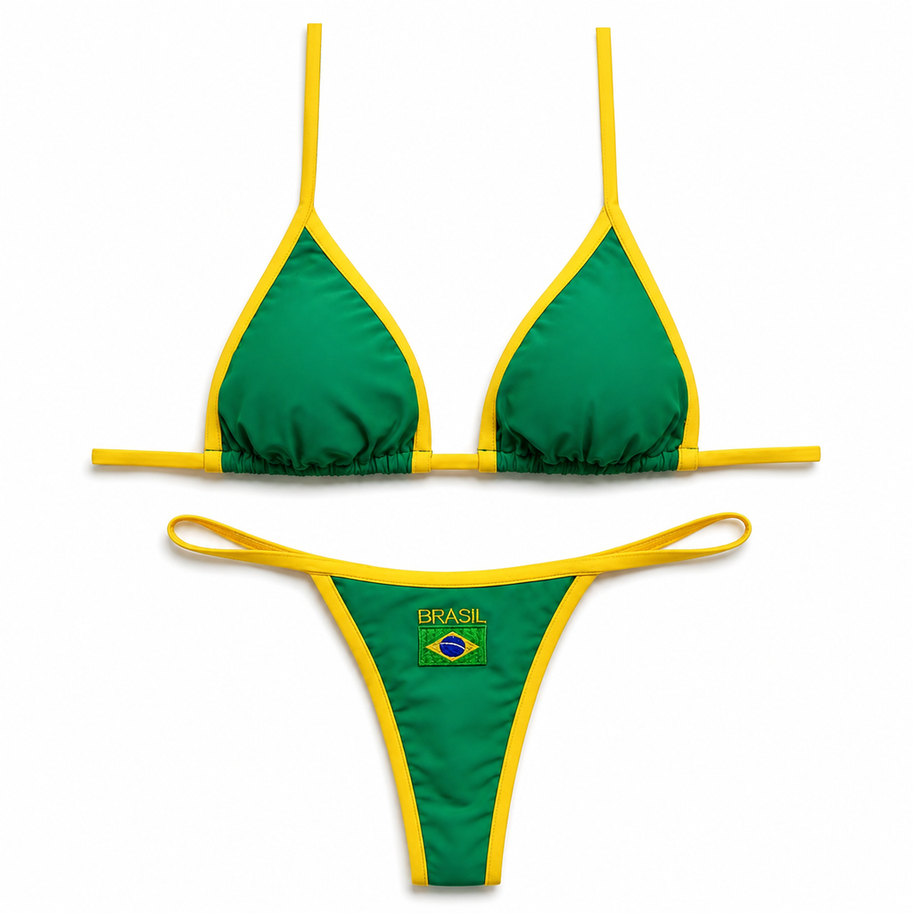 Green and yellow bikini set with 'Brasil' text and flag on a white background