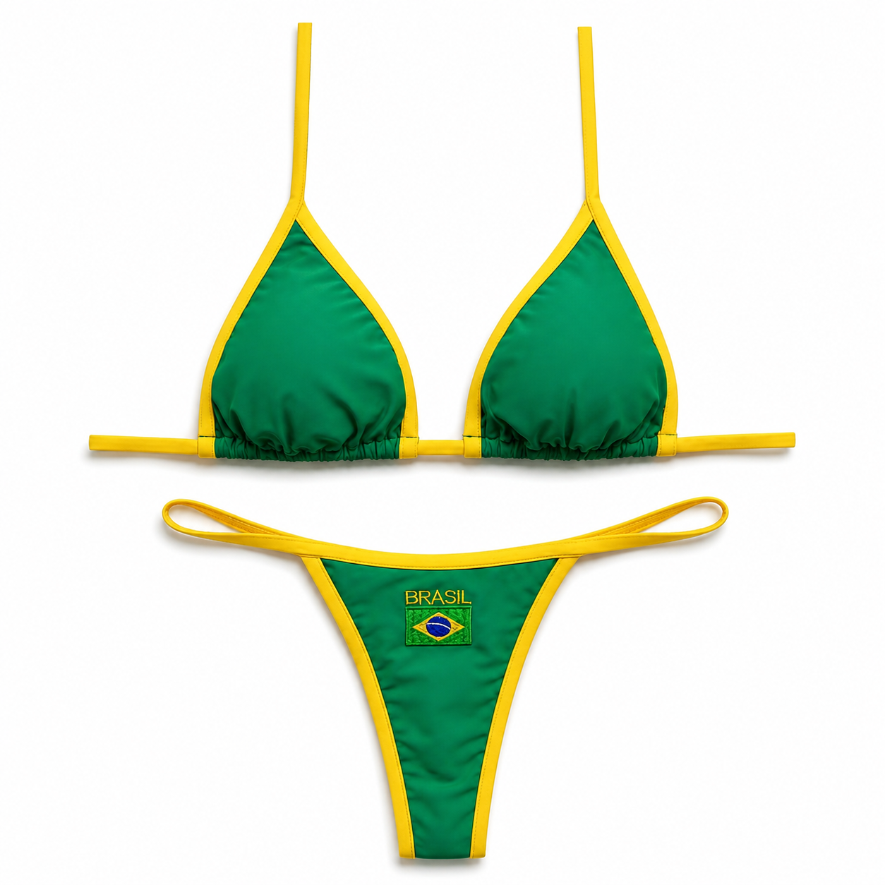 Green and yellow bikini set with 'Brasil' text and flag on a white background