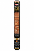 A tall, narrow box of HEM Precious Musk Incense Sticks on a plain white background. The packaging is predominantly black with gold lettering and a central illustration depicting traditional Indian architecture in warm brown and gold tones.