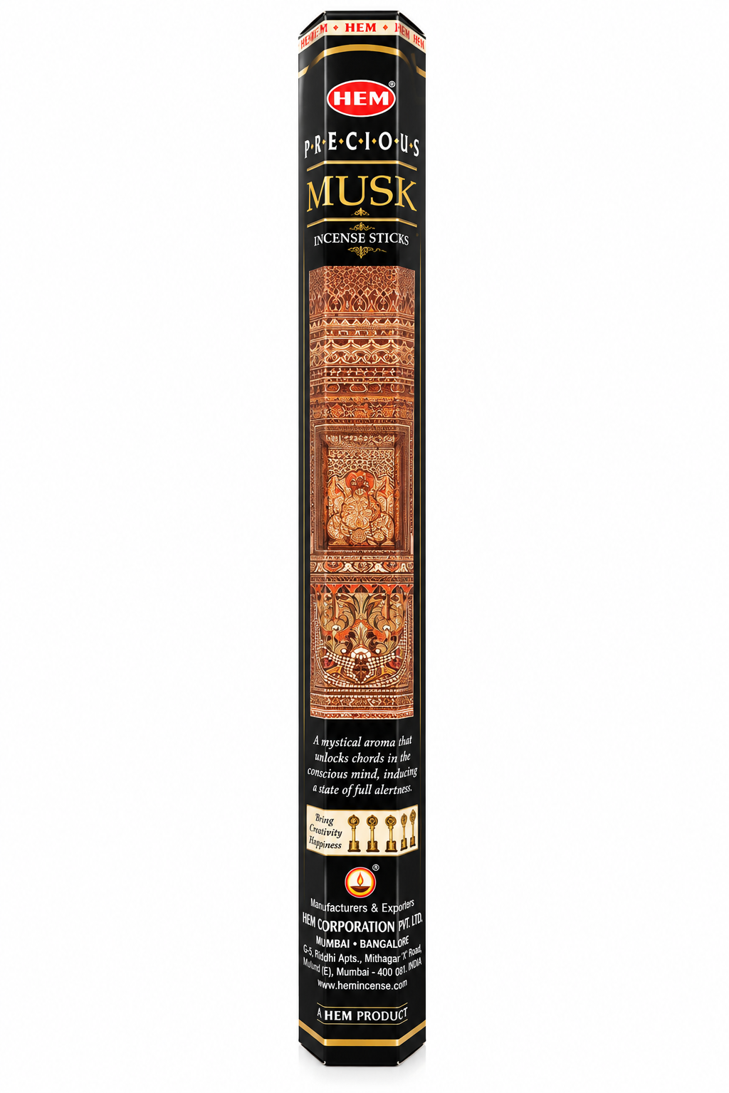 A tall, narrow box of HEM Precious Musk Incense Sticks on a plain white background. The packaging is predominantly black with gold lettering and a central illustration depicting traditional Indian architecture in warm brown and gold tones.