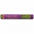 A box of HEM Sandal Queen incense sticks, featuring a purple background with gold lettering and a peacock feather design on the right side.