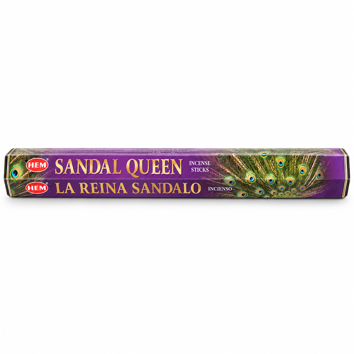 A box of HEM Sandal Queen incense sticks, featuring a purple background with gold lettering and a peacock feather design on the right side.