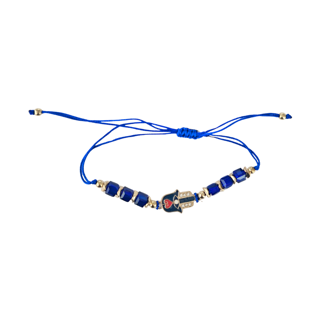 Hamsa Hand Blue beaded bracelet with gold accents on a white background