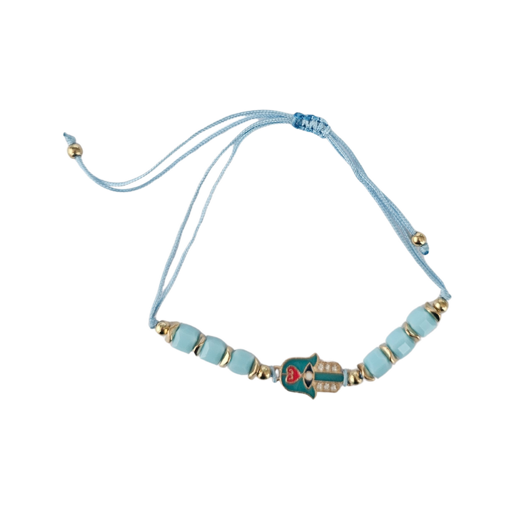 Hamsa Hand Light Blue beaded bracelet with a decorative clasp on a white background