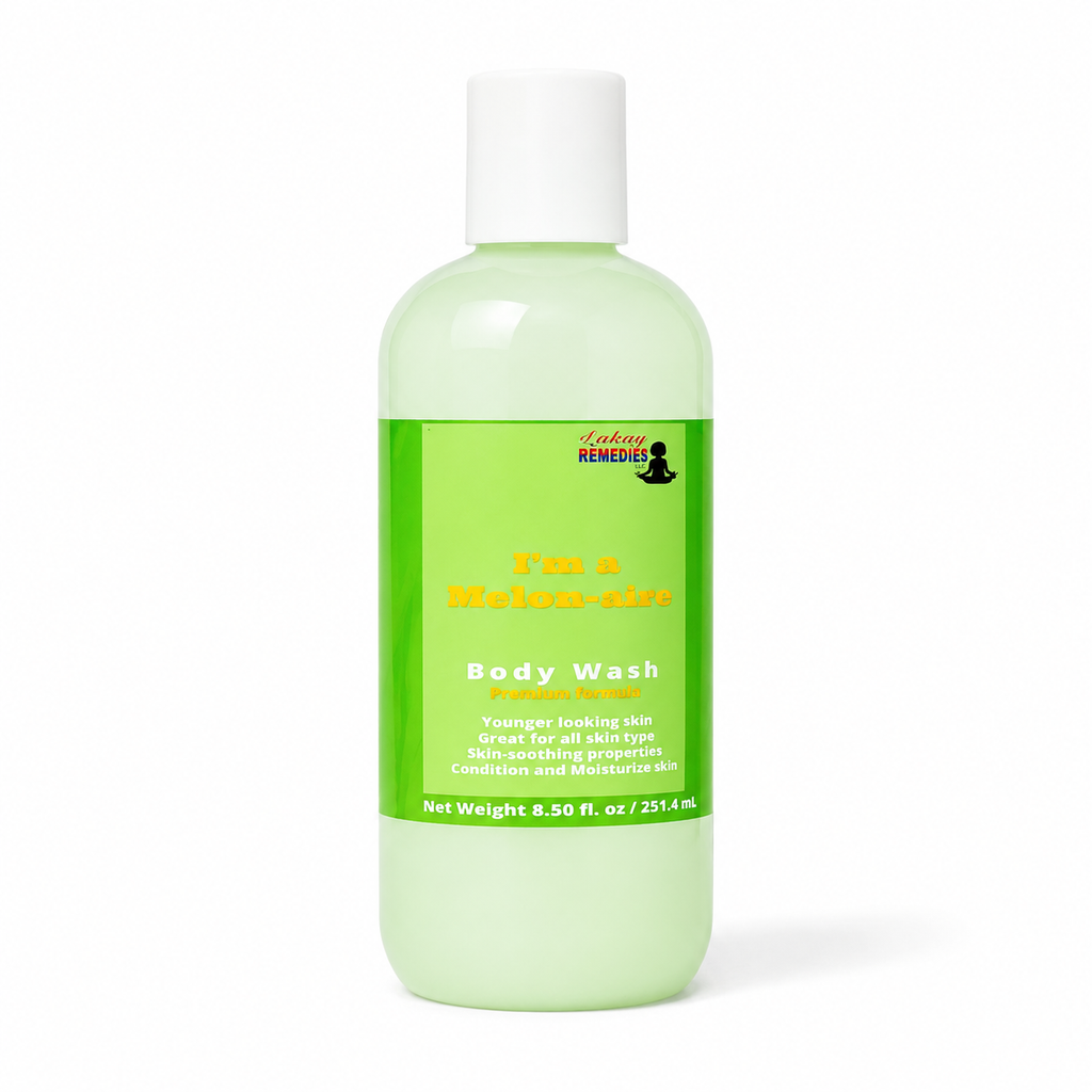 A bottle of Lakay Remedies 'I'm a Melon-aire' Body Wash, featuring a light green translucent liquid, a white cap, and a bright green label with yellow text, set against a plain white background.