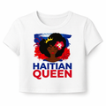 White t-shirt with 'Haitian Queen' graphic design featuring a woman with flowers in her hair on a white background.