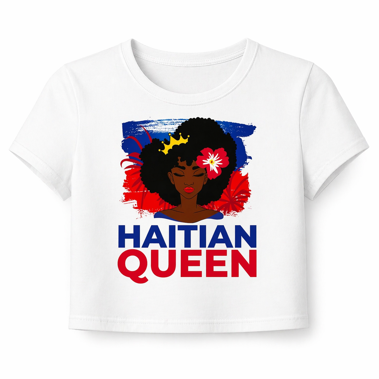 White t-shirt with 'Haitian Queen' graphic design featuring a woman with flowers in her hair on a white background.