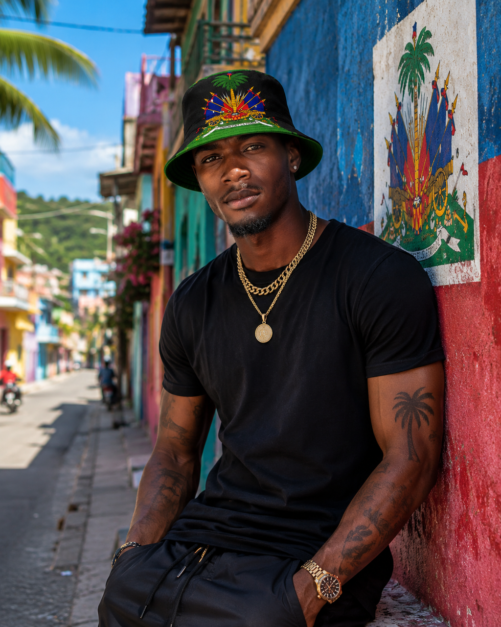 Man wearing a colorful hat Haiti and black shirt leaning against a colorful wall with a mural.
