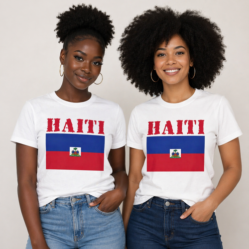 Two women wearing white t-shirts with Haiti text and flag design on a plain background