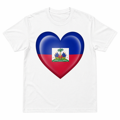 White t-shirt with a heart-shaped design featuring the Haitian flag on a white background