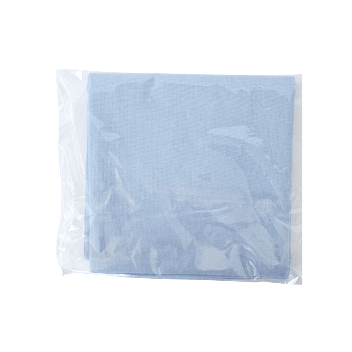 Light blue fabric Spiritual Mouchwa in clear packaging on a white backgroundin a clear plastic package on a white background