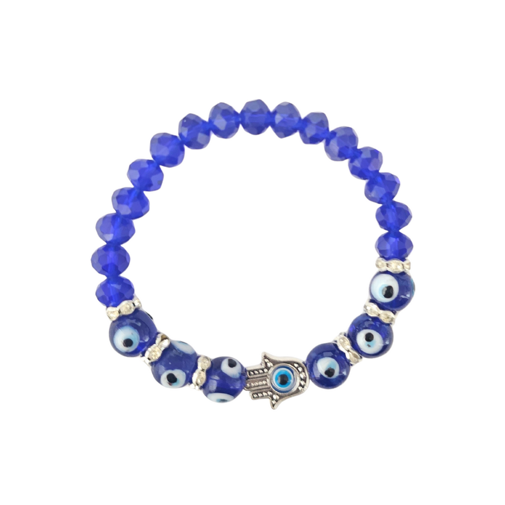 Blue beaded bracelet with eye-shaped beads on a white background