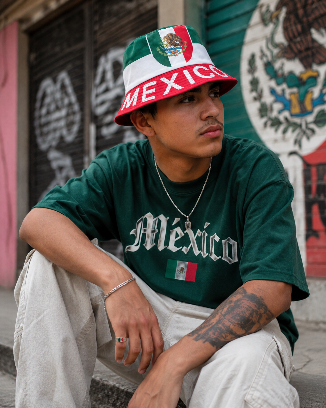 Person wearing a green 'México' t-shirt and red 'México' bucket hat in front of a graffiti-covered wall.