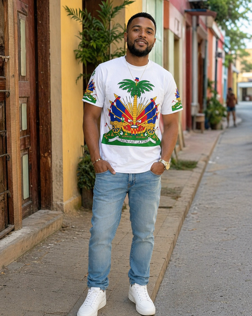 Man wearing Haitian shirt with sneakers 