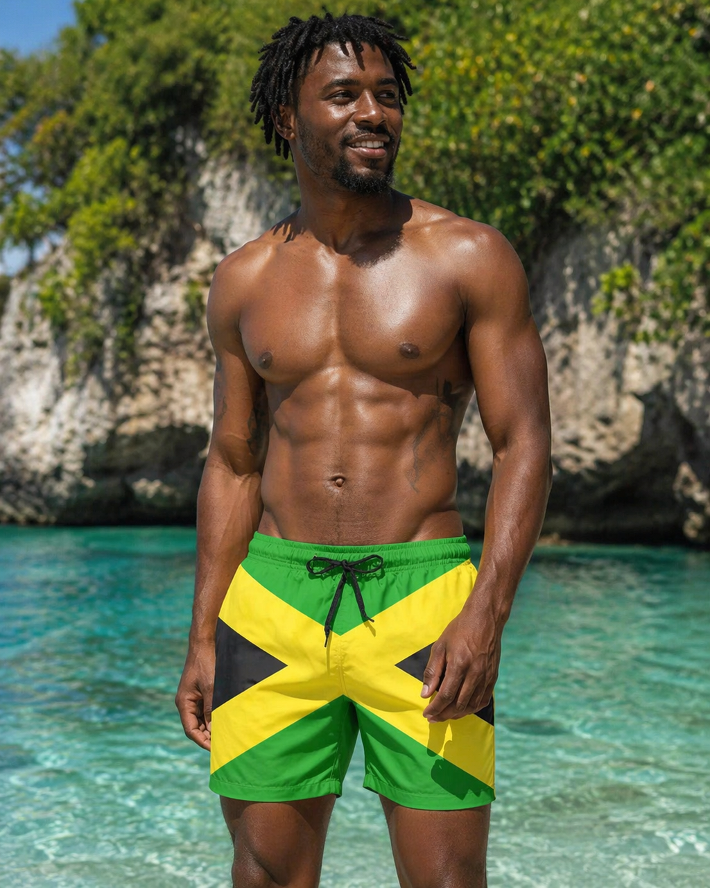 Man wearing Jamaican flag swim shorts standing on a beach with clear water and rocks in the background