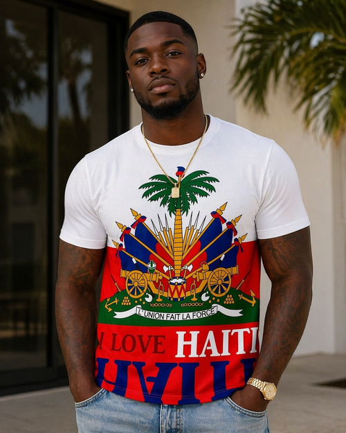 Man wearing a white t-shirt with Haitian flag design and text.