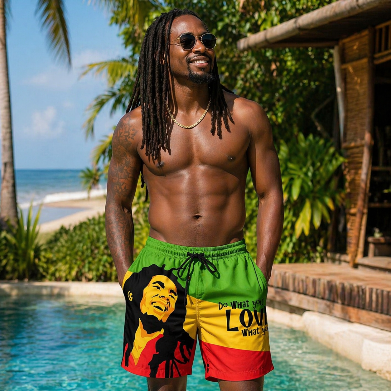 Man wearing colorful swim shorts with a graphic design, standing by a pool with a tropical background. Lakay Remedies 