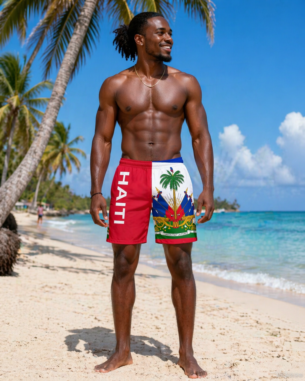 Man wearing red swim shorts with Haiti design on a beach. Lakay Remedies 