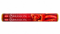 A box of HEM Passion Incense Sticks on a plain white background. The packaging is predominantly red with white text and a photo of red incense leaves on the right side.