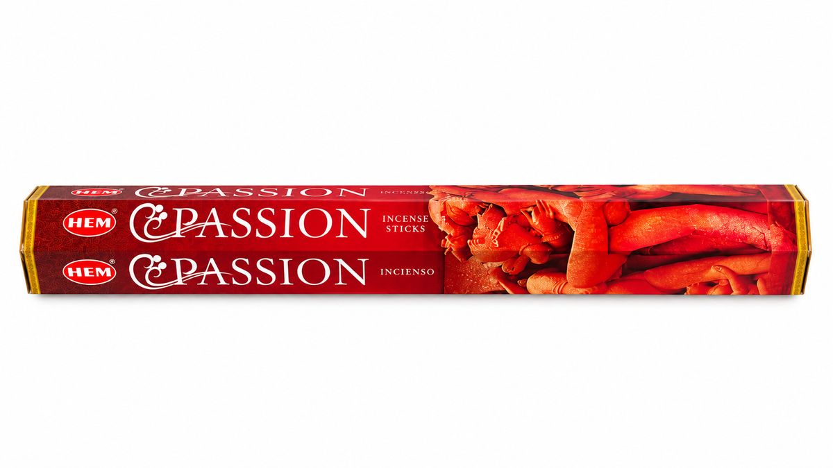 A box of HEM Passion Incense Sticks on a plain white background. The packaging is predominantly red with white text and a photo of red incense leaves on the right side.