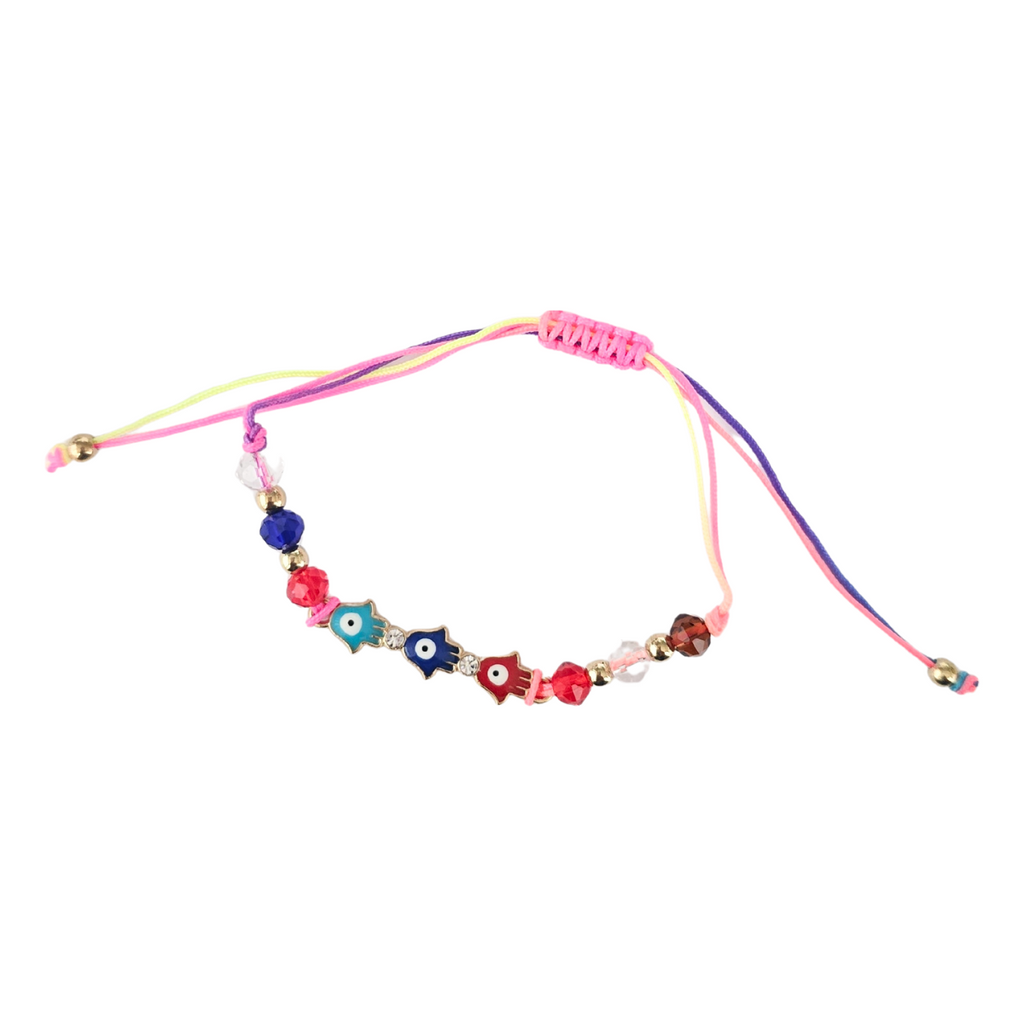 Colorful beaded bracelet with evil eye beads on a white background