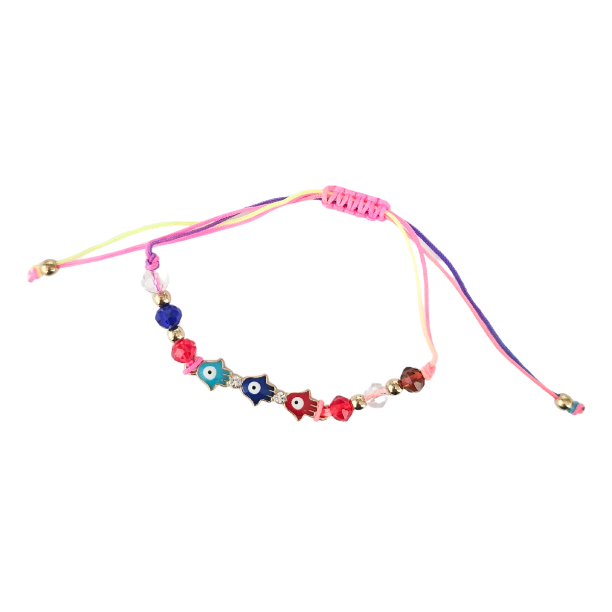 Colorful beaded bracelet with evil eye beads on a white background