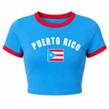 Blue crop top with red trim featuring 'Puerto Rico' text and flag on a white background