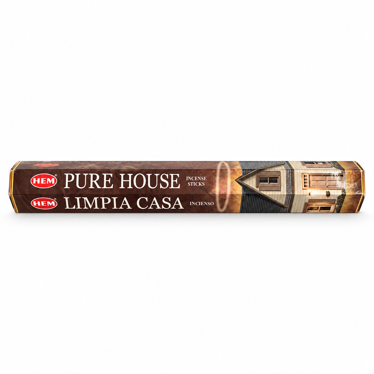 A long, narrow box of HEM Pure House Incenso Sticks (Limpia Casa) on a plain white background.