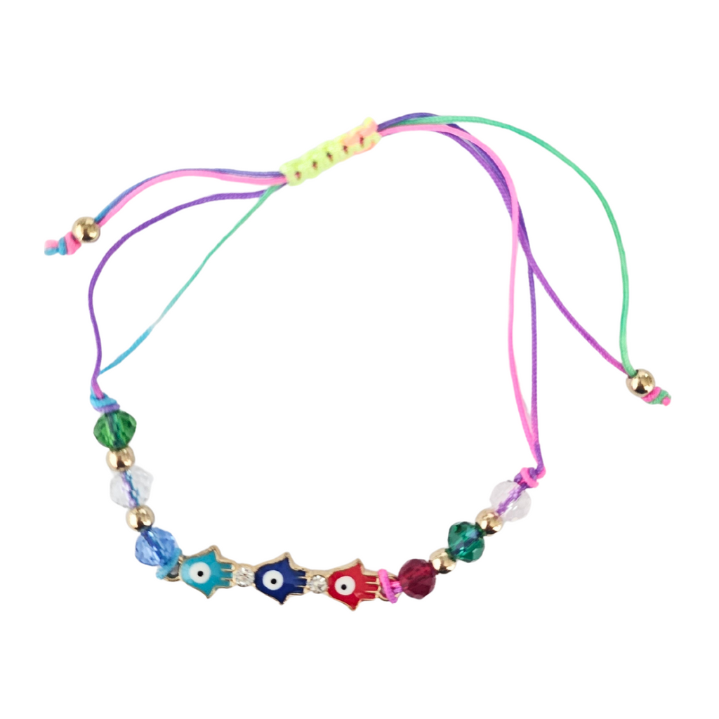 Colorful beaded necklace with various beads on a white background