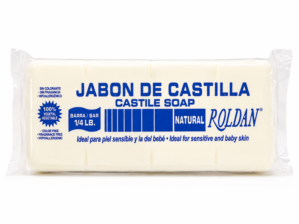 A 1/4 lb bar of Roldan Natural Castile Soap in its clear plastic wrapper, featuring blue text and graphics on a white background.