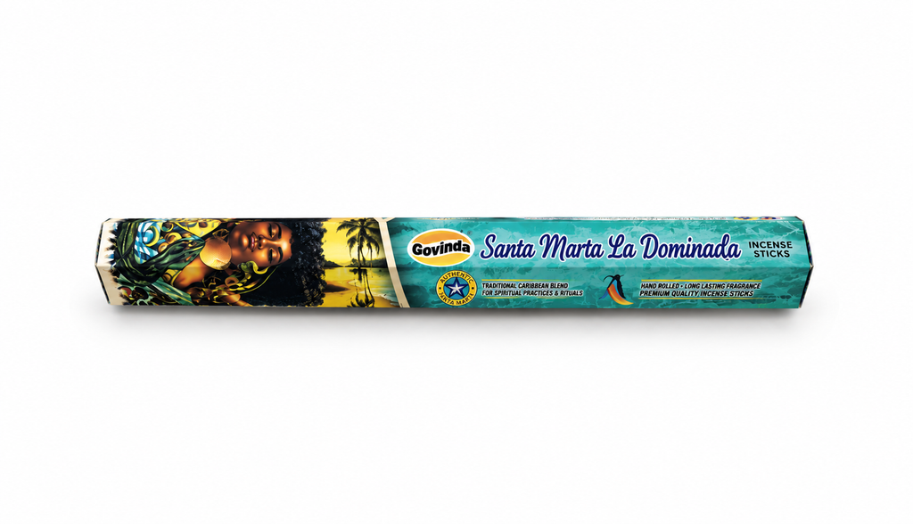 Govinda Santa Marta La Dominada incense sticks in a cylindrical cardboard tube with a teal and yellow tropical design featuring a woman's face and palm trees.