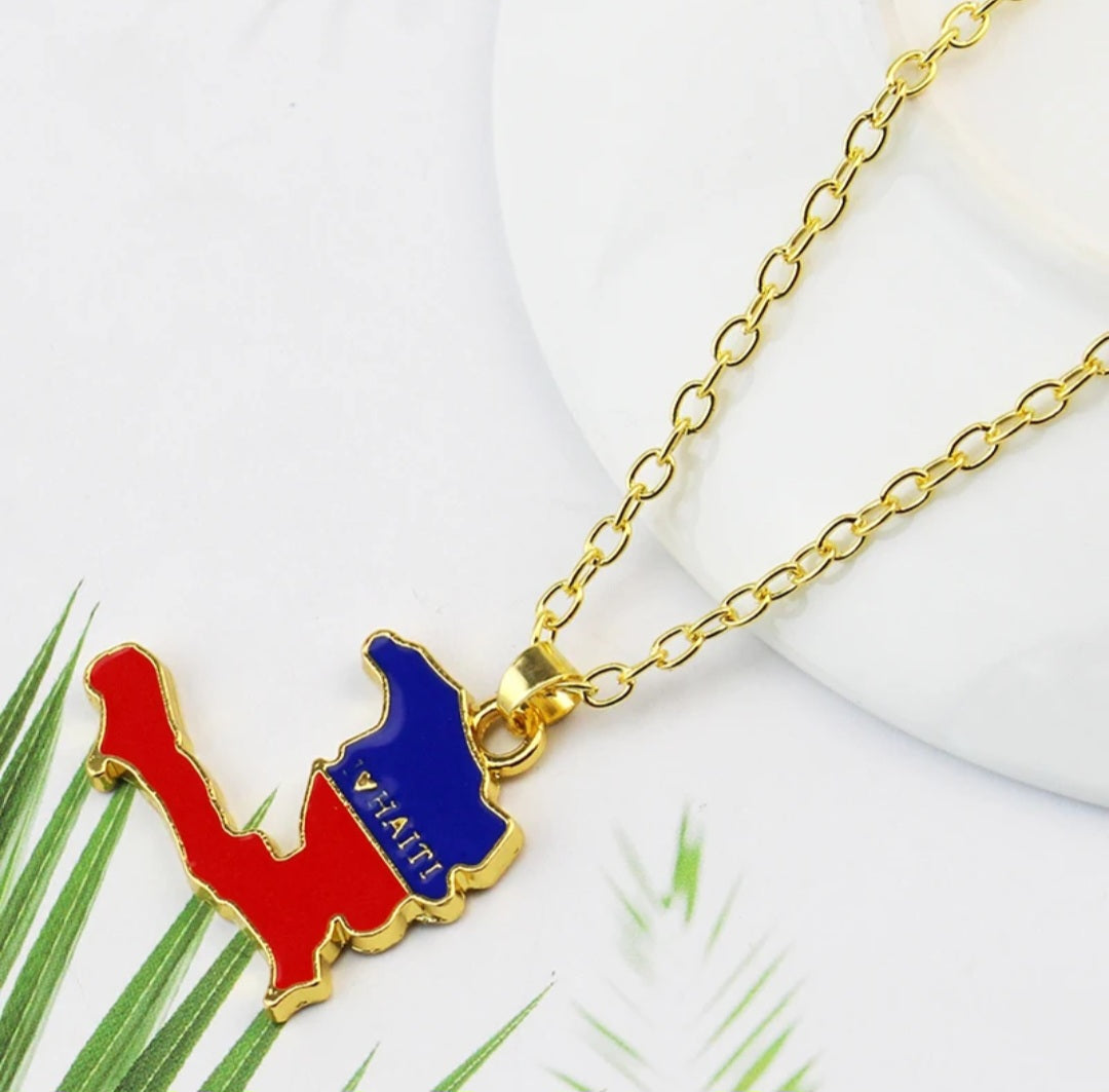 I Love Haiti Small Flag Pendant Gold Necklace