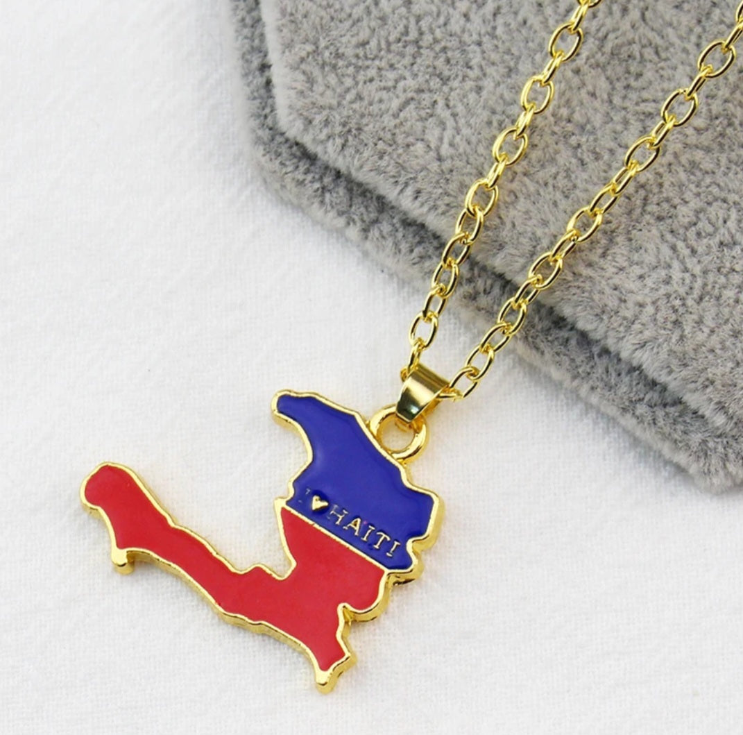 I Love Haiti Small Flag Pendant Gold Necklace