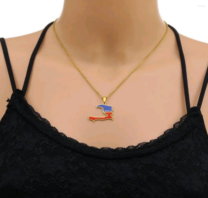 I Love Haiti Small Flag Pendant Gold Necklace