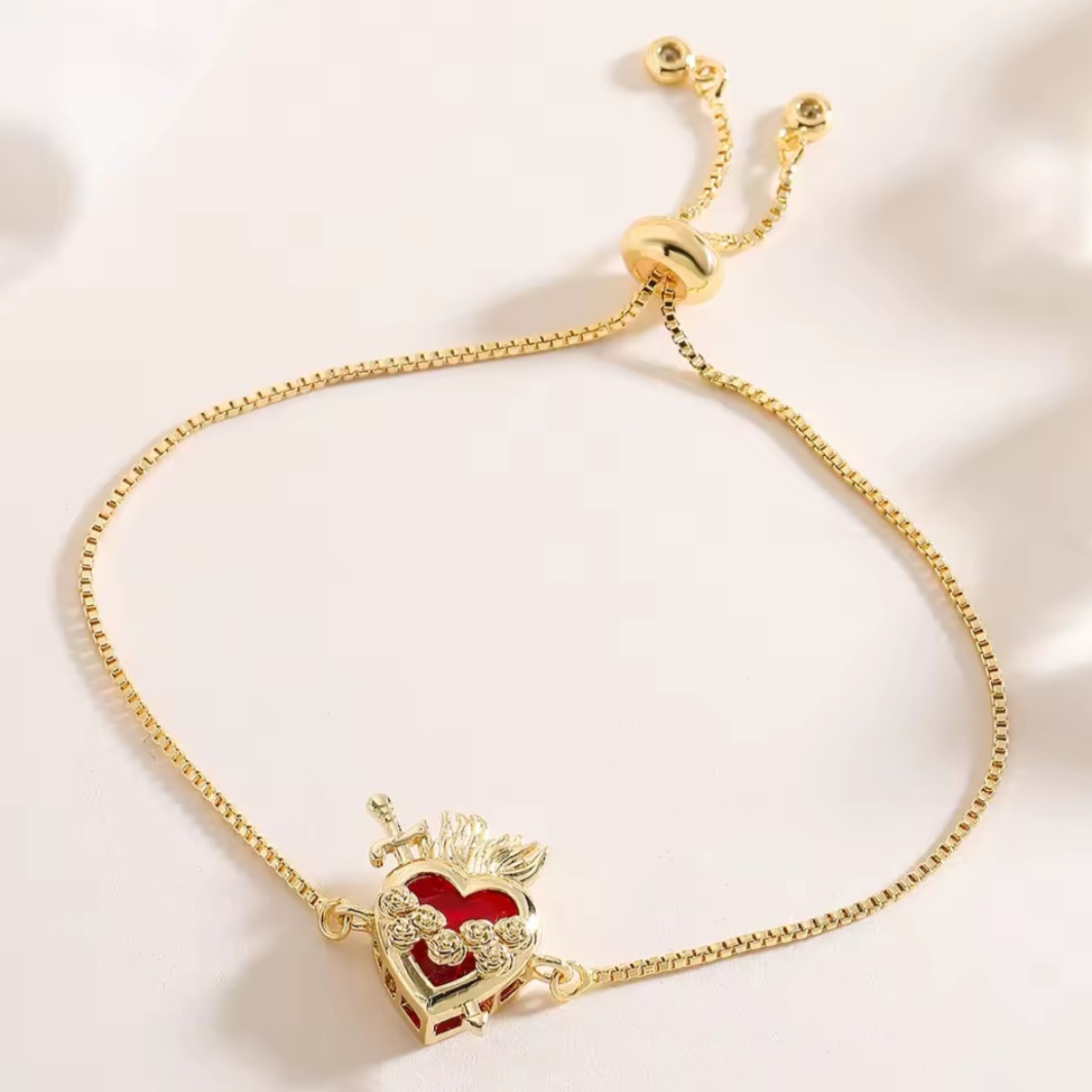 Red Crystal Heart & Dagger Charm Bracelet
