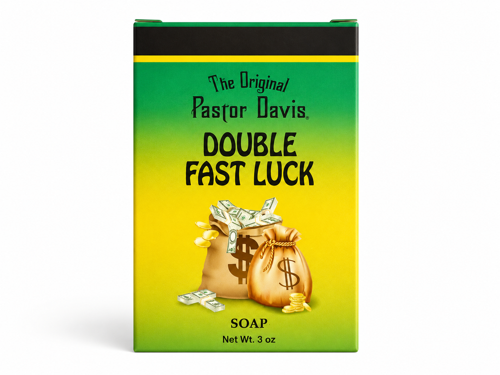 A rectangular soap box for 'The Original Pastor Davis Double Fast Luck' soap, featuring a green-to-yellow gradient design with an illustration of a money sack and cash.